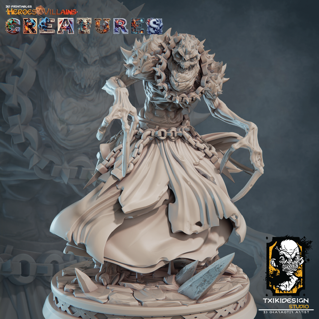 Detailed sculpture of a character with armor and weapons on a dark background, featuring 'Heroes & Villains Creatures' branding.