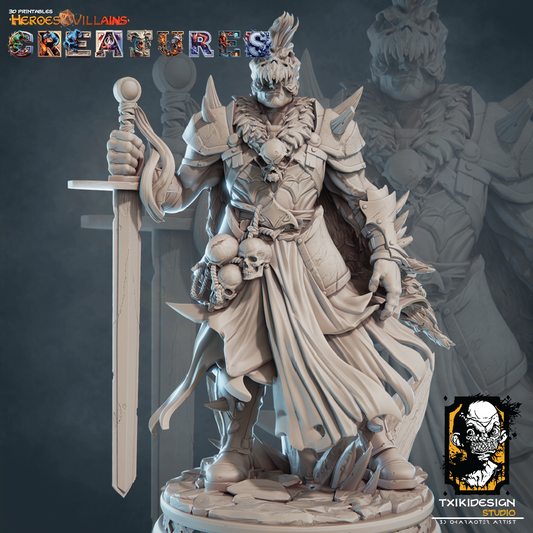 Detailed figurine with a sword, featuring 'Heroes & Villains' branding, on a dark background.