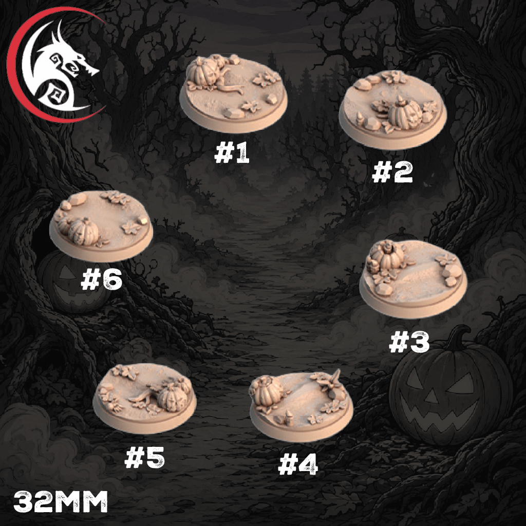 Six unpainted tabletop terrain miniatures labeled #1 through #6, shown as pale beige round bases with Halloween-themed sculpt details like pumpkins, skulls, and leaves. The image has a dark spooky forest background with tree roots, a jack-o'-lantern, and white text reading '32MM'.