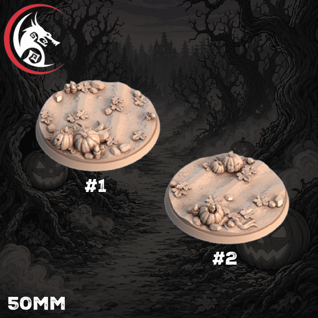 Two unpainted beige tabletop terrain bases labeled #1 and #2, each with raised pumpkins, flowers, and leafy details, shown over a dark illustrated forest background. The text '50MM' appears at bottom left, and a dragon-head logo is visible in the top left corner.