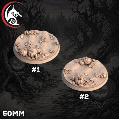 Two unpainted beige tabletop terrain bases labeled #1 and #2, each with raised pumpkins, flowers, and leafy details, shown over a dark illustrated forest background. The text '50MM' appears at bottom left, and a dragon-head logo is visible in the top left corner.
