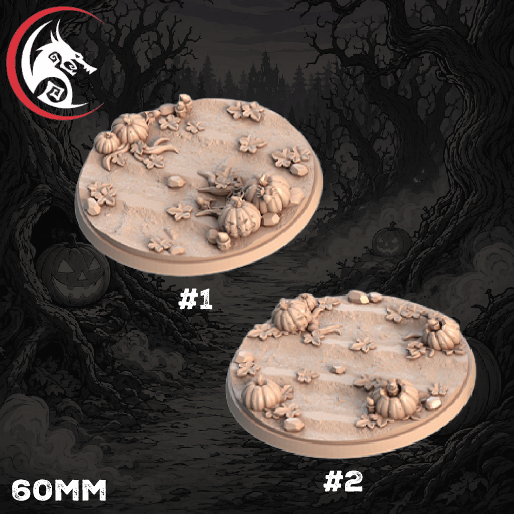 Two round 60mm tabletop terrain bases with autumn-themed sculpted details like pumpkins, leaves, and small stones, shown on a dark spooky forest background. The bases are labeled #1 and #2, with a dragon logo in the top-left corner.