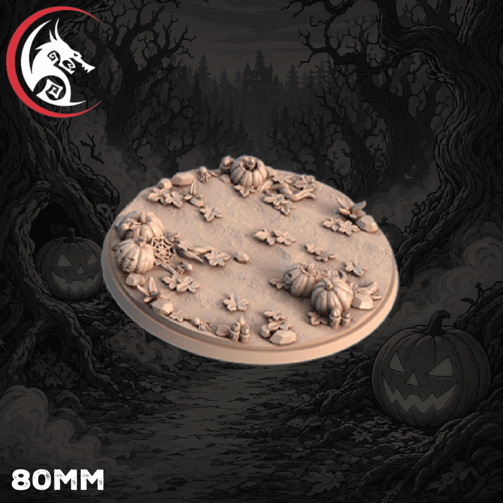 An 80mm round tabletop terrain piece featuring a Halloween theme with carved pumpkins, leaves, and small stones, shown floating against a dark illustrated forest background with jack-o'-lanterns. A red and black dragon logo is visible in the top-left corner, and '80MM' is printed in the bottom-left.