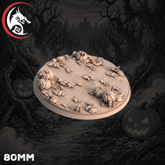 An 80mm round tabletop terrain piece featuring a Halloween theme with carved pumpkins, leaves, and small stones, shown floating against a dark illustrated forest background with jack-o'-lanterns. A red and black dragon logo is visible in the top-left corner, and '80MM' is printed in the bottom-left.