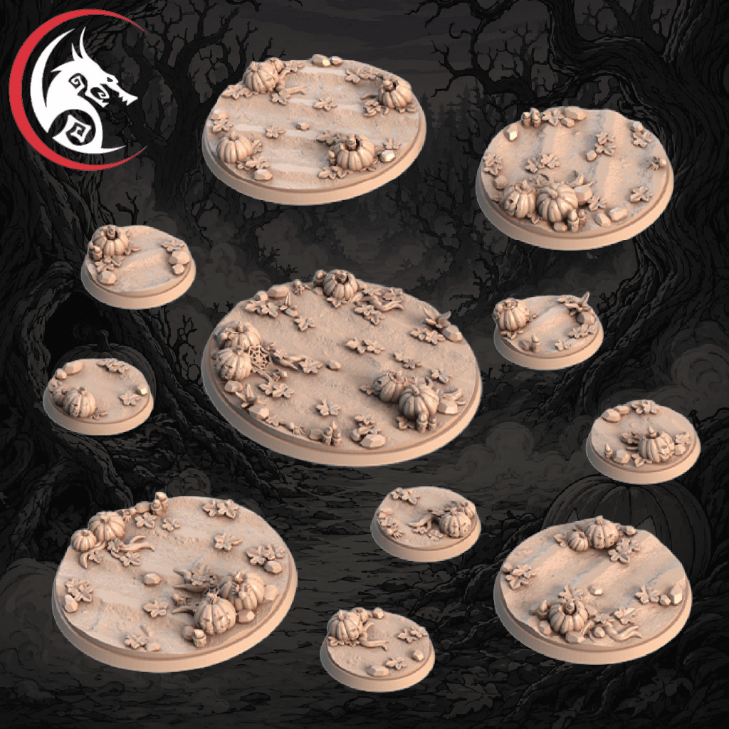 Unpainted tabletop terrain miniatures bases, shown as pale beige round bases with Halloween-themed sculpt details like pumpkins, skulls, and leaves. The image has a dark spooky forest background with tree roots, a jack-o'-lantern, and a white red dragon logo.