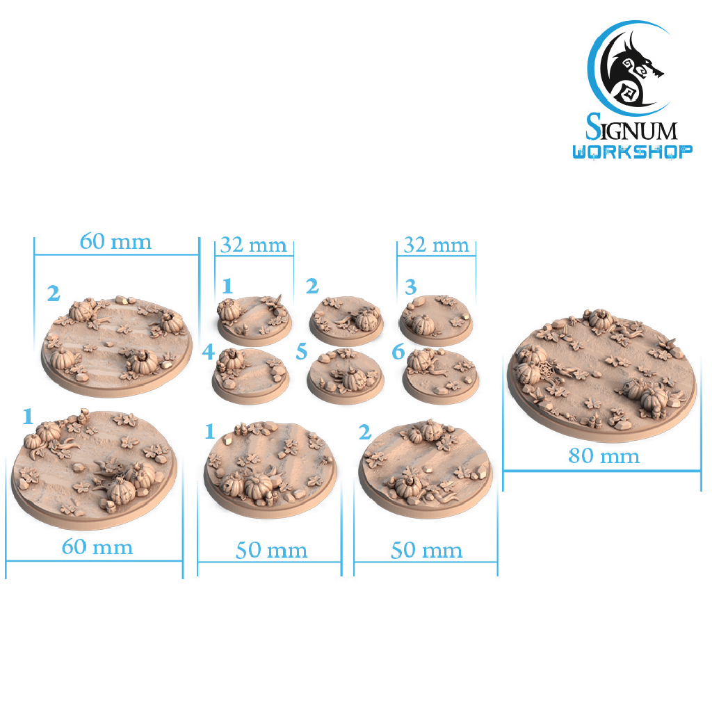 A set of unpainted miniature terrain bases with dimension labels in millimeters, shown on a white background with the Signum Workshop logo in the top right.