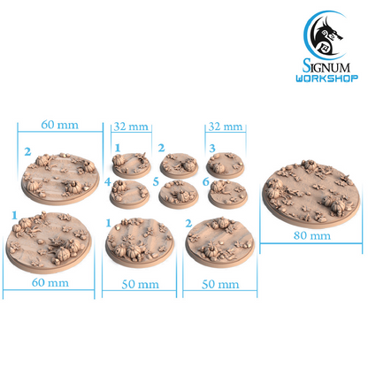 A set of unpainted miniature terrain bases with dimension labels in millimeters, shown on a white background with the Signum Workshop logo in the top right.