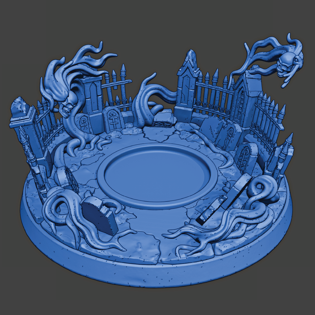Blue 3D model of a circular scene with architectural elements and tentacle-like structures on a dark gray background.