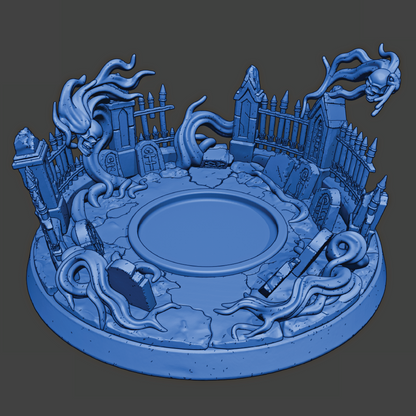 Blue 3D model of a circular scene with architectural elements and tentacle-like structures on a dark gray background.