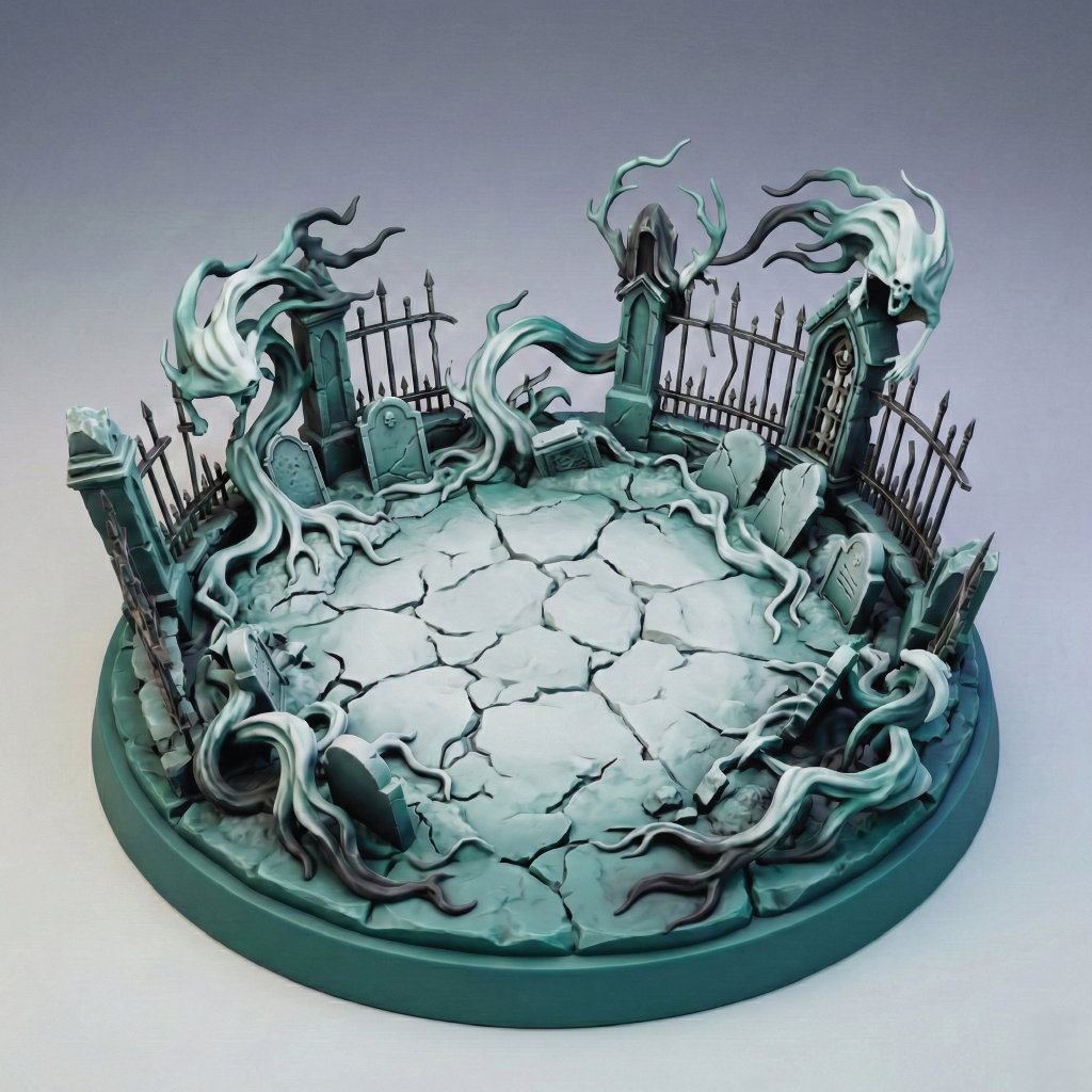 Fantasy miniature landscape with a cracked surface and gothic architecture on a gray background