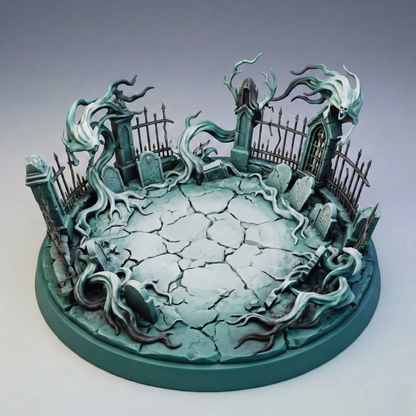 Fantasy miniature landscape with a cracked surface and gothic architecture on a gray background