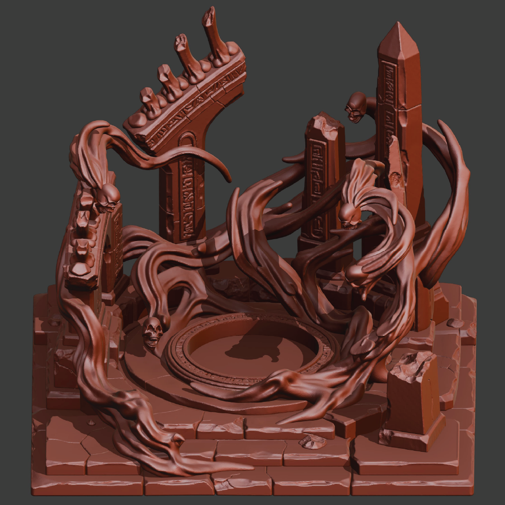Brown decorative sculpture with intricate designs on a dark gray background