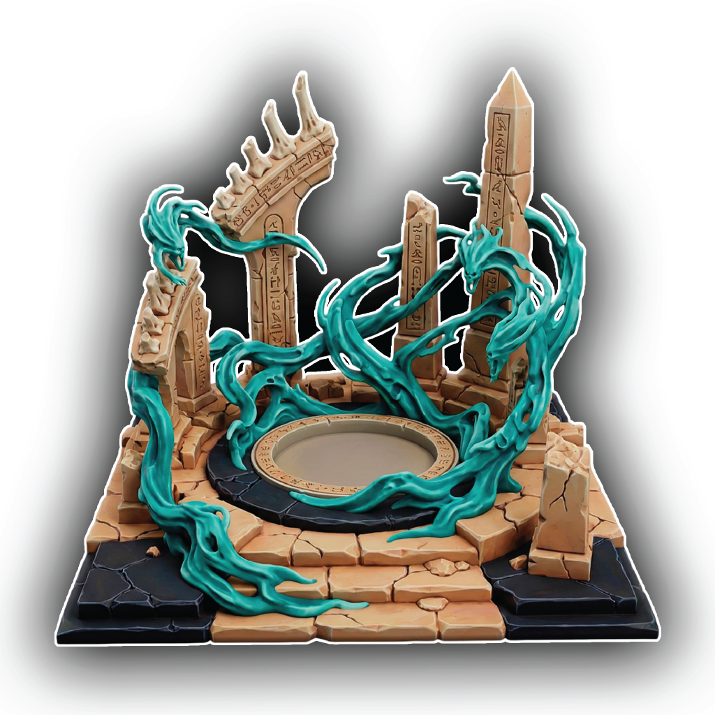 Fantasy-themed playset with dragon-like creature and architectural elements on a white background