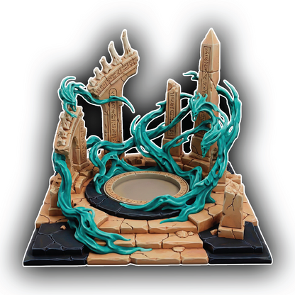 Fantasy-themed playset with dragon-like creature and architectural elements on a white background