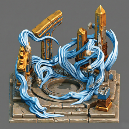 Fantasy figurine with blue energy effects on a gray background