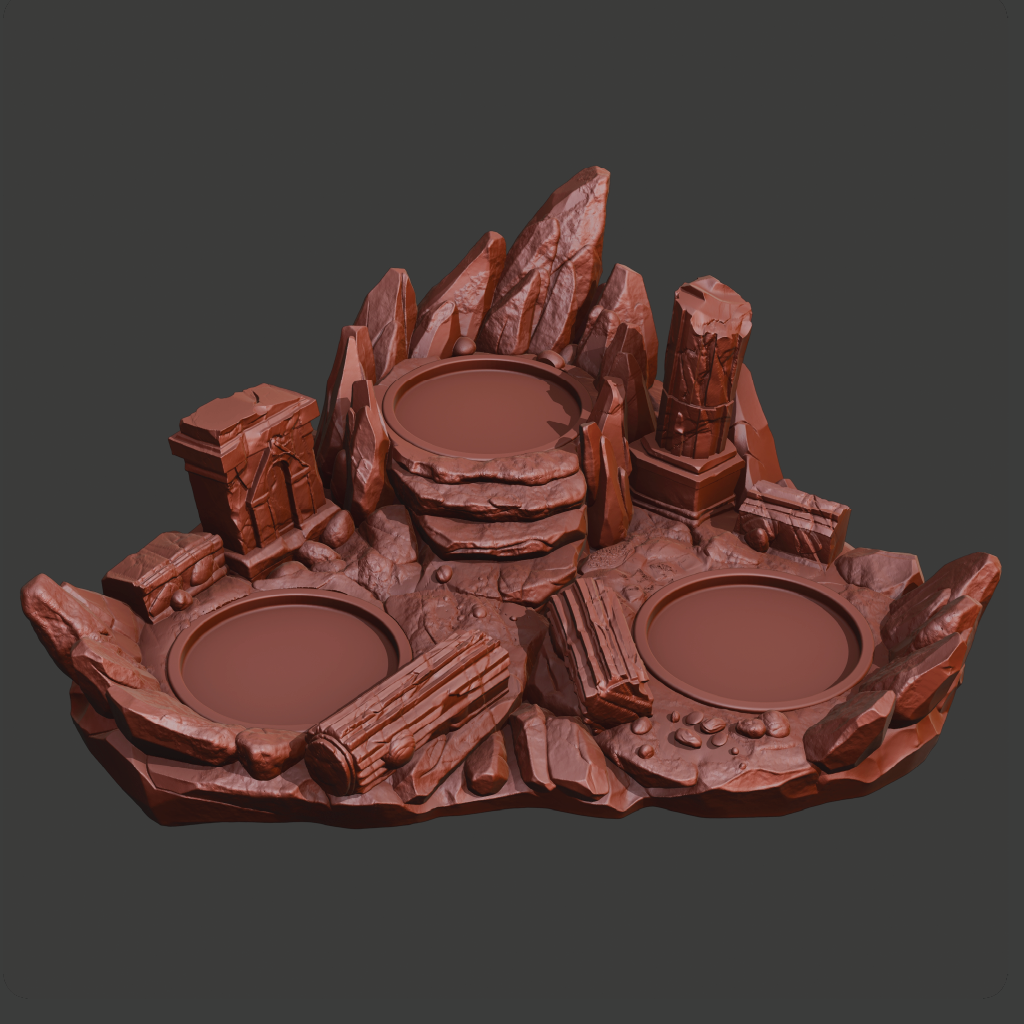 A 3D-printed miniature diorama of ancient ruins, featuring two circular platforms, stone pillars, and stacked rock formations, all in a uniform reddish-brown color, shown on a dark gray background.