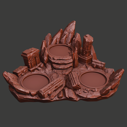 A 3D-printed miniature diorama of ancient ruins, featuring two circular platforms, stone pillars, and stacked rock formations, all in a uniform reddish-brown color, shown on a dark gray background.