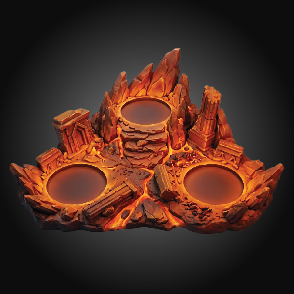 A 3D-printed fantasy miniature of a ruined mountain temple with three circular cup holders, glowing with warm orange light against a dark vignette background.