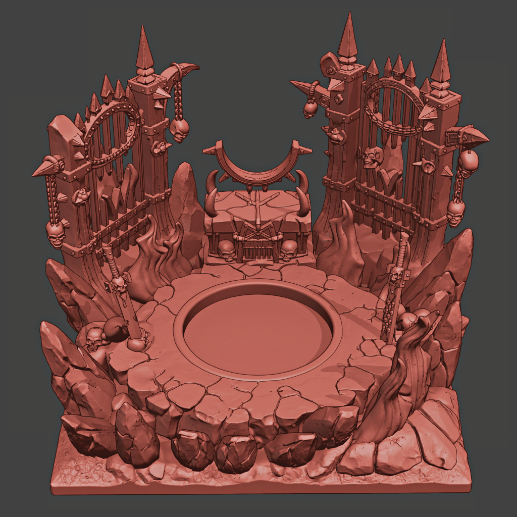 Digital render of a fantasy-style gate or entrance with architectural elements on a dark background