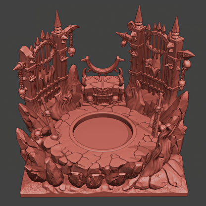 Digital render of a fantasy-style gate or entrance with architectural elements on a dark background