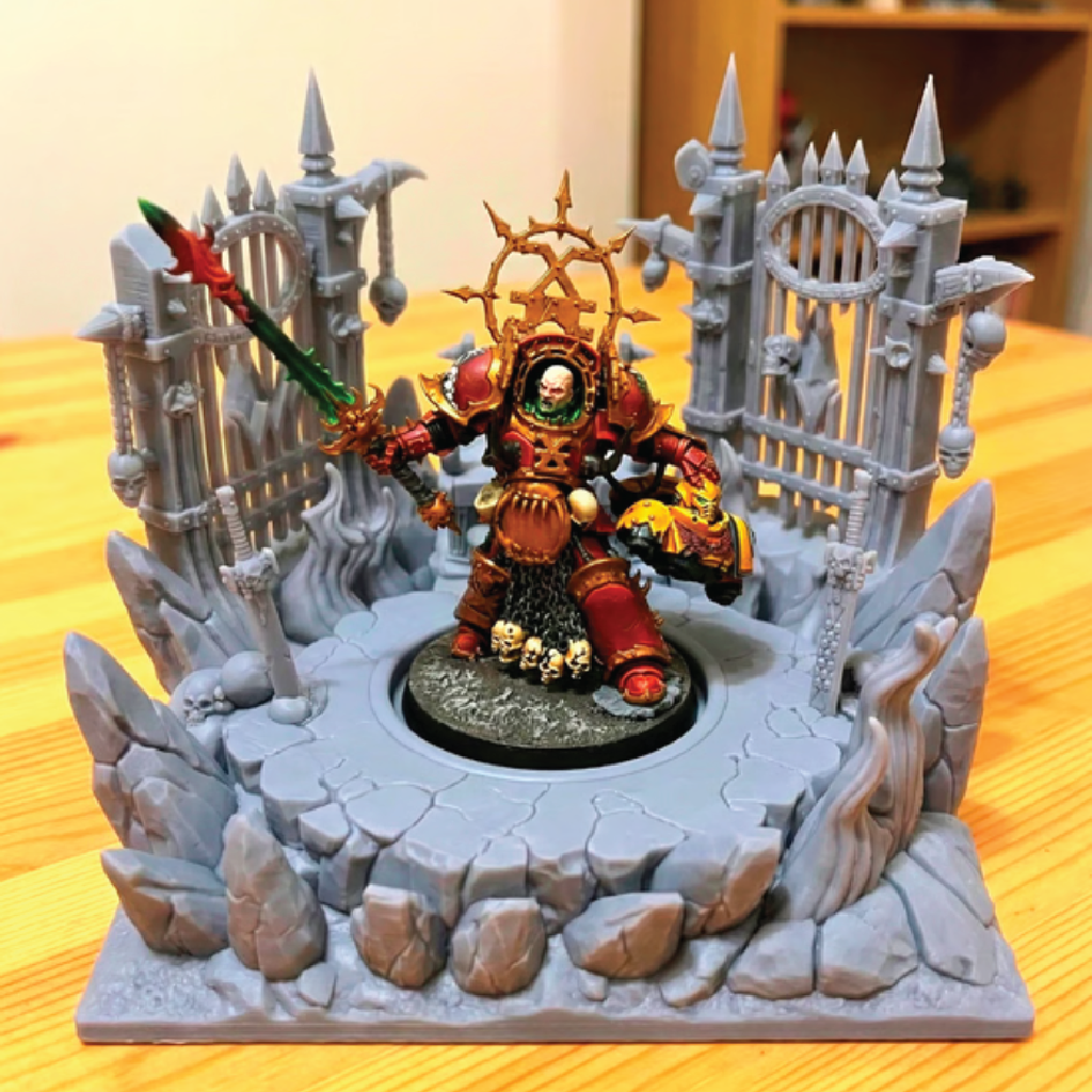 Warhammer figurine with ornate armor and weapon on a detailed base
