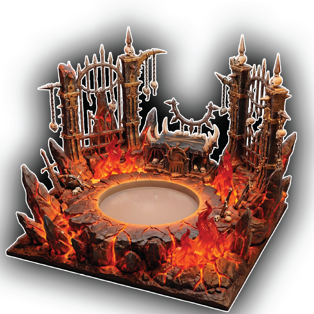 Decorative cake stand with gothic design and flames on a white background