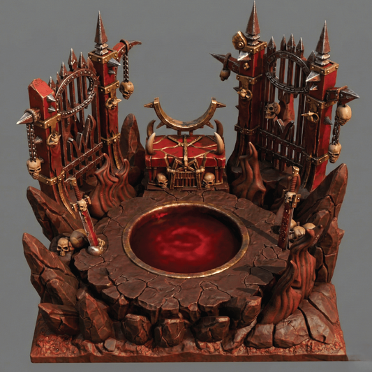 Decorative object resembling a fantasy altar with red liquid, intricate designs, and a gray background.