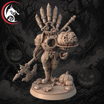An unpainted 3D-printable miniature figurine of a gothic fantasy warrior with a skeletal hand, holding a large battle axe and a carved jack-o'-lantern, standing on a base with a pumpkin and skull at its feet. The background is a dark, spooky forest scene with jack-o'-lanterns, and a dragon logo watermark is in the top-left corner.