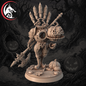 An unpainted 3D-printable miniature figurine of a gothic fantasy warrior with a skeletal hand, holding a large battle axe and a carved jack-o'-lantern, standing on a base with a pumpkin and skull at its feet. The background is a dark, spooky forest scene with jack-o'-lanterns, and a dragon logo watermark is in the top-left corner.