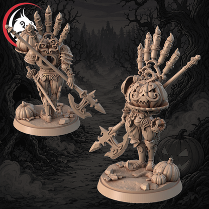 Two unpainted fantasy tabletop miniatures with ornate skeletal armor, multi-pointed skull hands, and large polearms, shown on round bases against a dark spooky forest background with pumpkins.