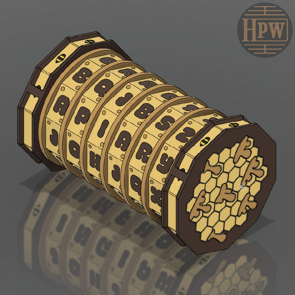 Hexagonal wooden dice with lettering on a dark background, featuring the brand 'HPW'.
