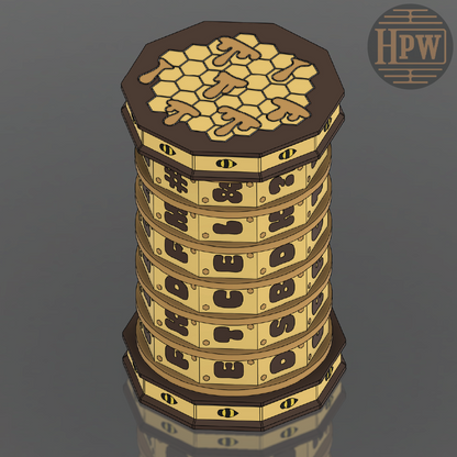 Stack of hexagonal boxes with 'HPW' branding on a gray background