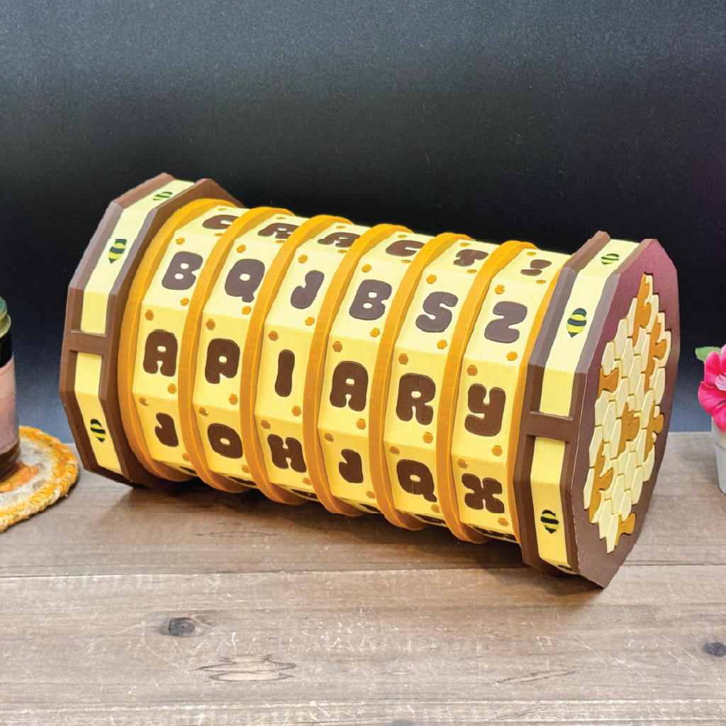 Wooden letter puzzle toy on a wooden surface with a dark background
