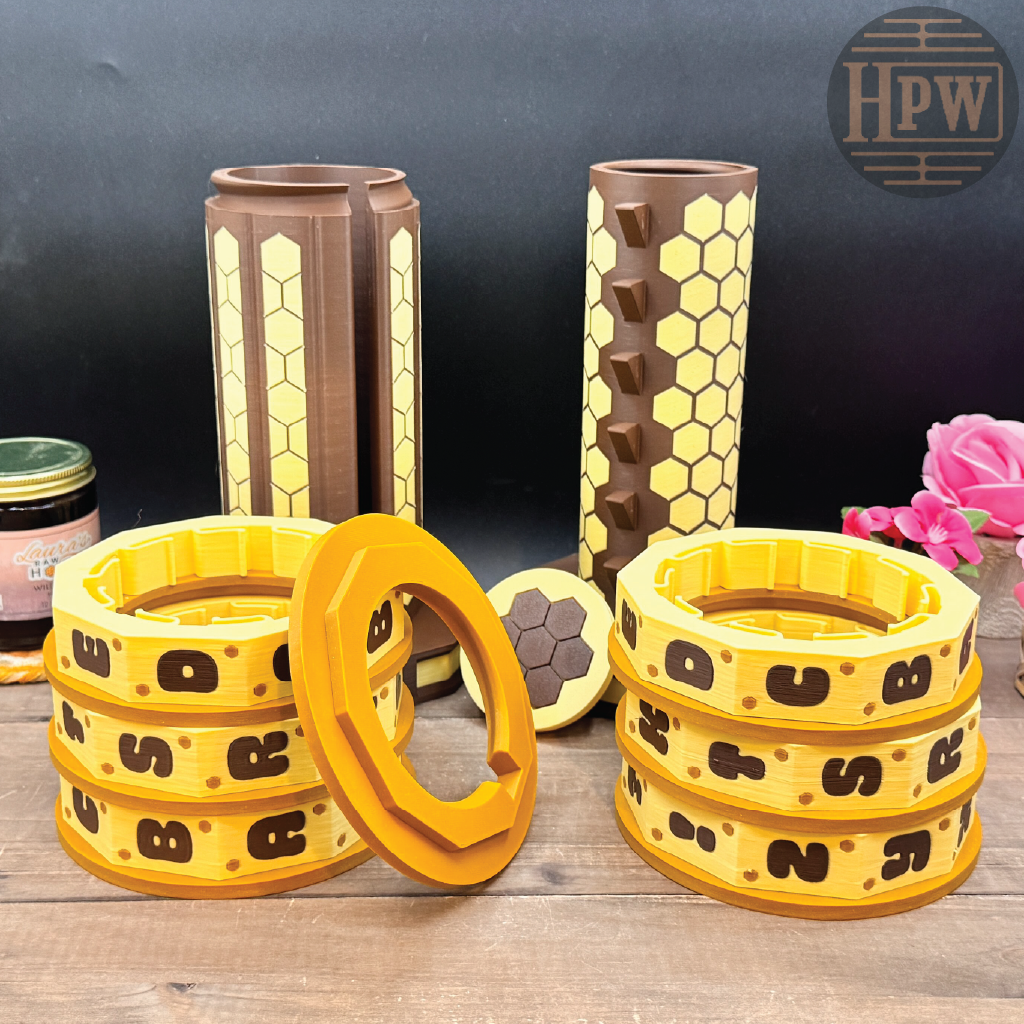Set of yellow and brown dog toys on a wooden surface with a dark background.