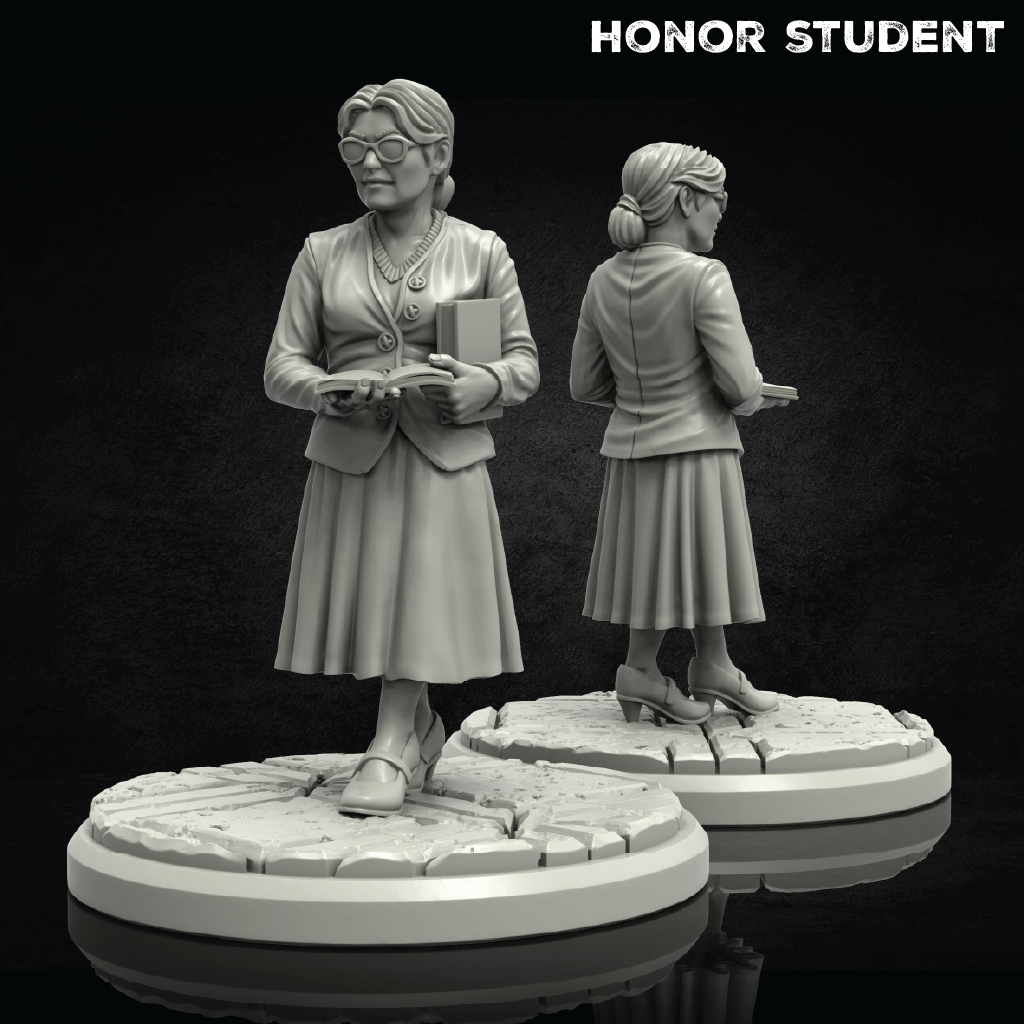 Two gray-scale statues of a woman holding books on circular bases with 'Honor Student' text above.