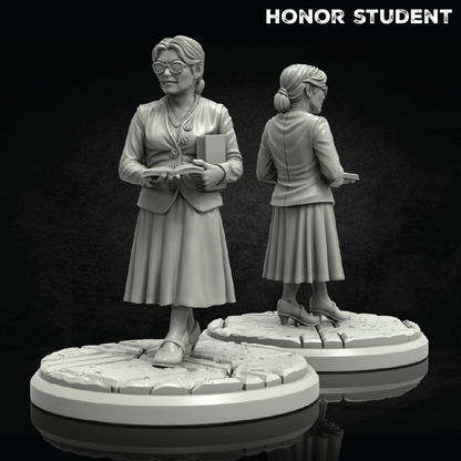 Two gray-scale statues of a woman holding books on circular bases with 'Honor Student' text above.
