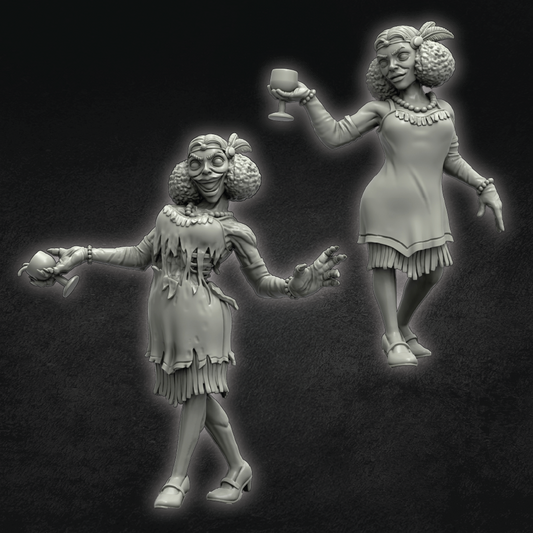 Two gray resin figurines of a woman with a dark background