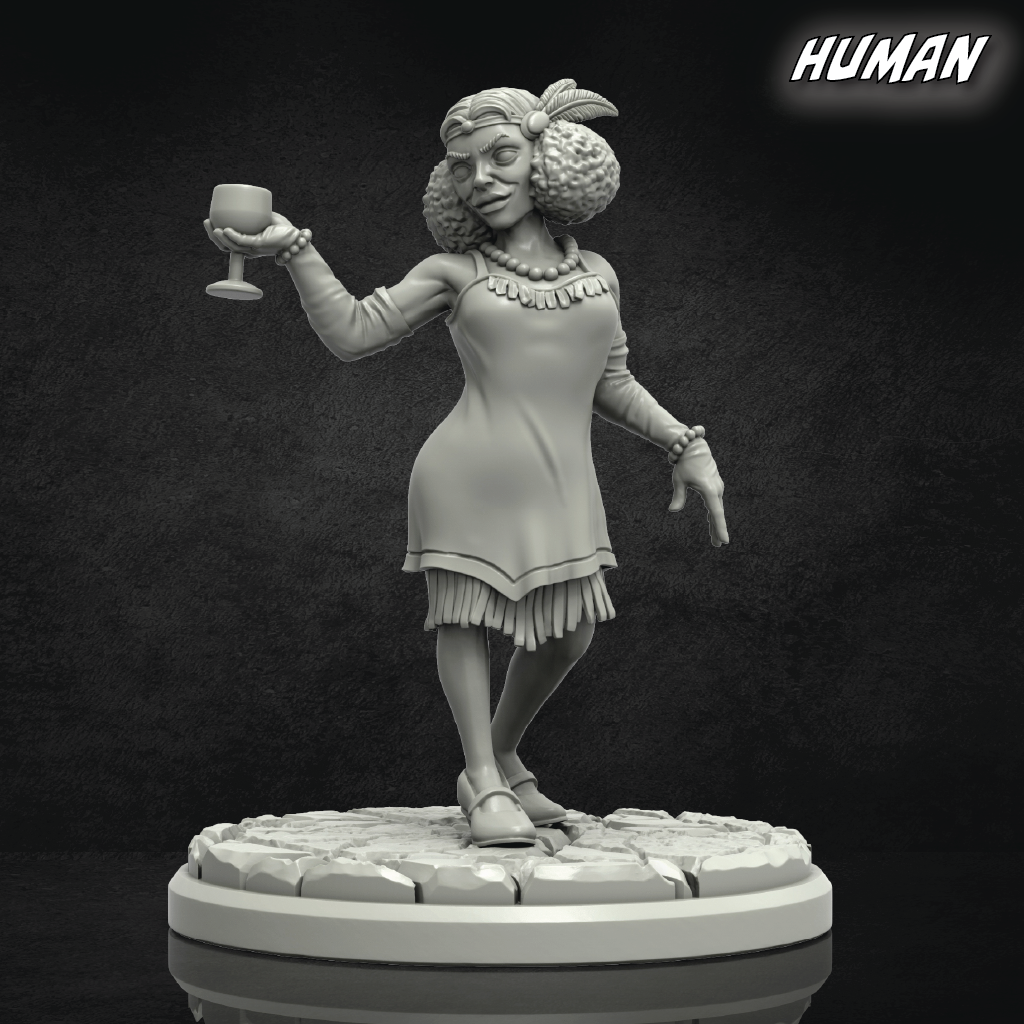 Gray-scale figurine of a woman holding a cup on a dark background