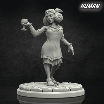 Gray-scale figurine of a woman holding a cup on a dark background