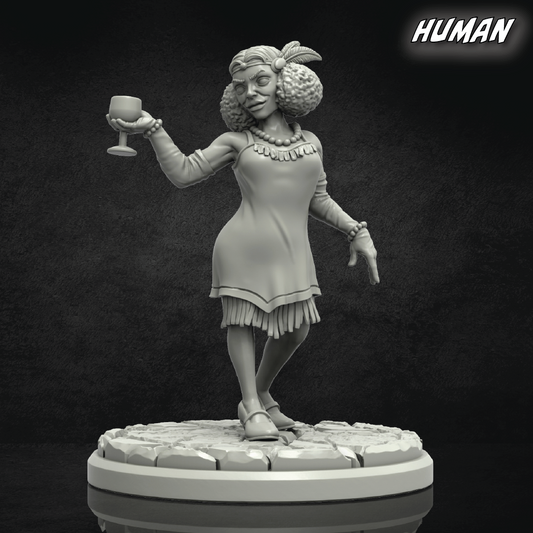 Gray-scale figurine of a woman holding a cup on a dark background