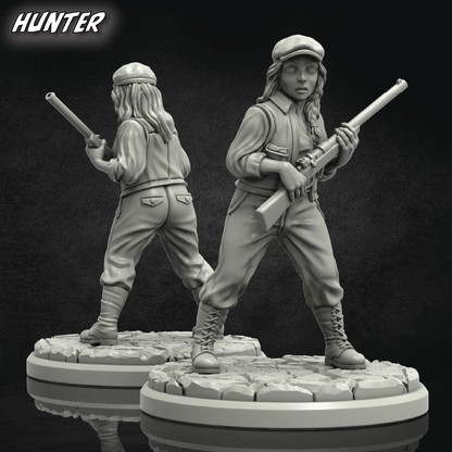 Two miniature figures of hunters on a dark background with 'HUNTER' branding.