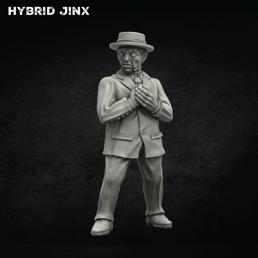 A grayscale 3D-printable miniature figurine of an elderly man wearing a suit, tie, and fedora hat, standing against a dark textured background with 'HYBRID JINX' text in the top-left corner.