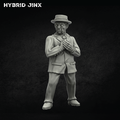 A grayscale 3D-printable miniature figurine of an elderly man wearing a suit, tie, and fedora hat, standing against a dark textured background with 'HYBRID JINX' text in the top-left corner.