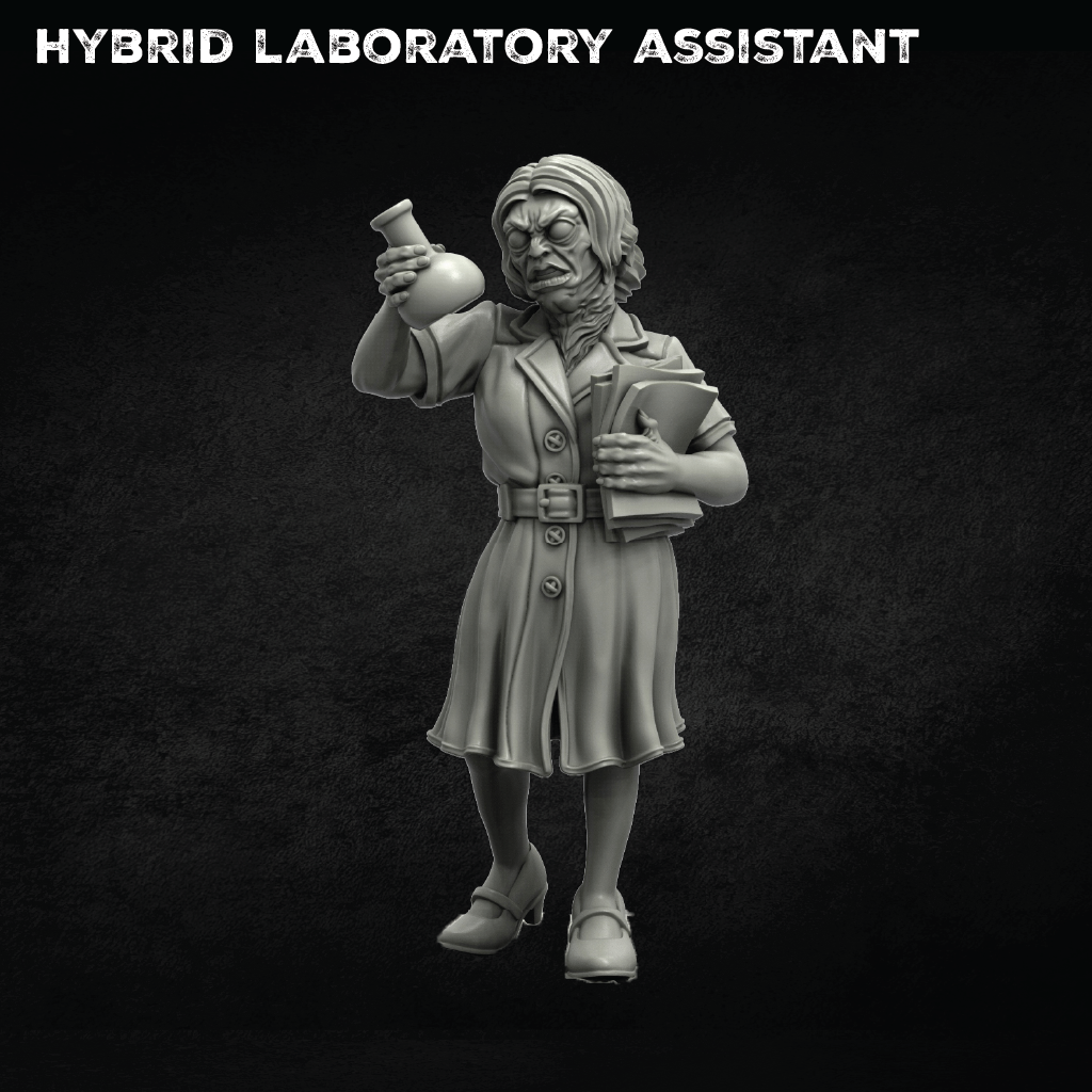 A grayscale 3D-rendered miniature figurine of a female laboratory assistant in a trench coat holding a flask and books, shown on a dark textured background with the text 'HYBRID LABORATORY ASSISTANT' at the top.