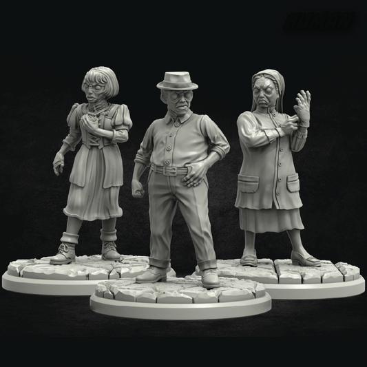 Three gray resin figures on a dark background
