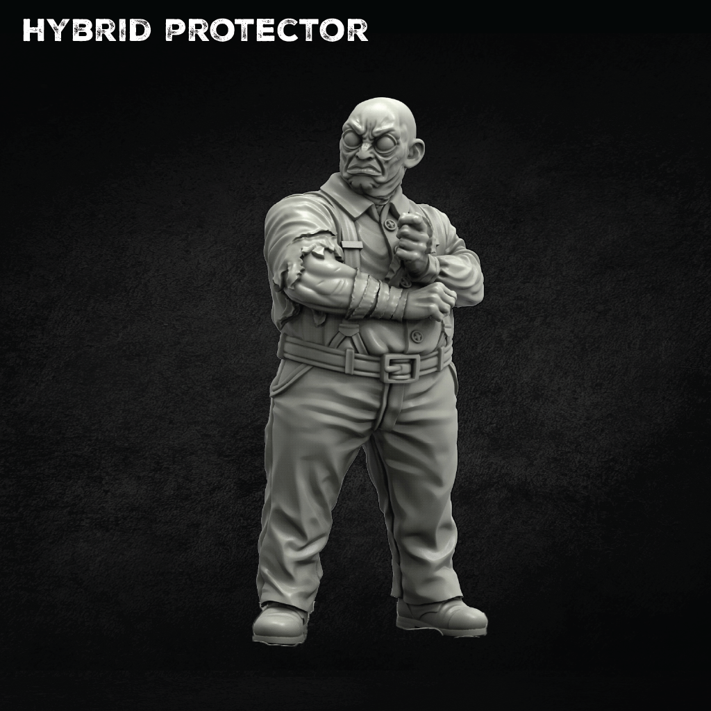 A grayscale 3D-rendered humanoid character labeled 'HYBRID PROTECTOR' against a dark textured background. The figure appears to be a bald, muscular man in a collared shirt and pants, posed with arms crossed, likely a digital character or miniature design preview.