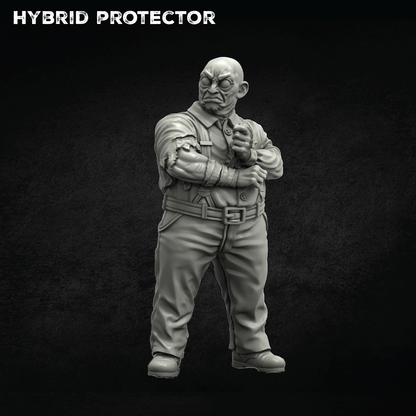 A grayscale 3D-rendered humanoid character labeled 'HYBRID PROTECTOR' against a dark textured background. The figure appears to be a bald, muscular man in a collared shirt and pants, posed with arms crossed, likely a digital character or miniature design preview.