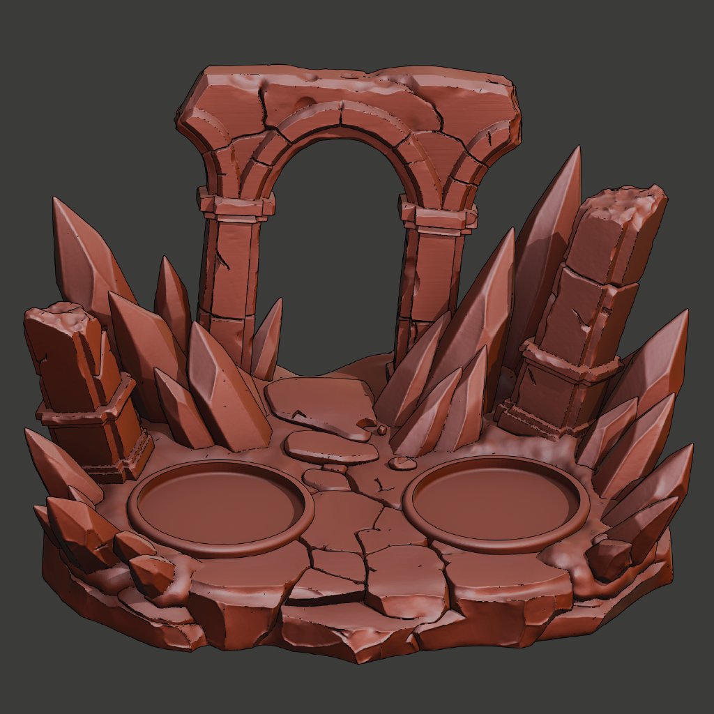 A 3D digital render of a fantasy stone ruin base, featuring a cracked brown stone floor, a central archway, sharp crystal spikes, and two circular platforms, shown against a solid dark gray background.