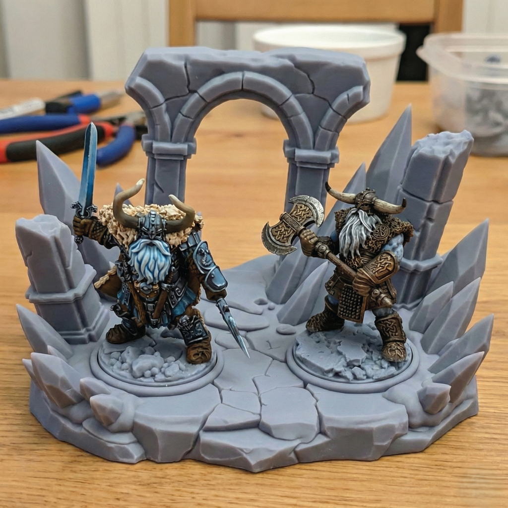 A painted tabletop miniature scene featuring two fantasy warrior figures posed in front of a gray stone archway and jagged rock base on a wooden table. One figure is blue-toned with white hair and a sword, and the other is tan/brown with a large axe.