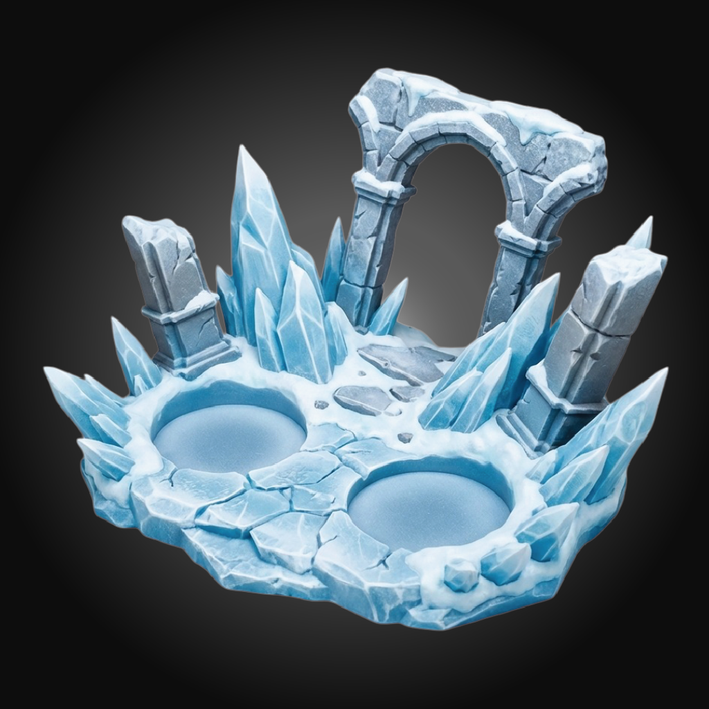 An icy fantasy tabletop terrain piece featuring a stone archway, jagged ice spikes, two circular pits, and textured rock formations in light blue and white tones, shown on a dark gradient background.